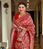 Red soft silk blend banarasi jacuard work designer saree with blouse