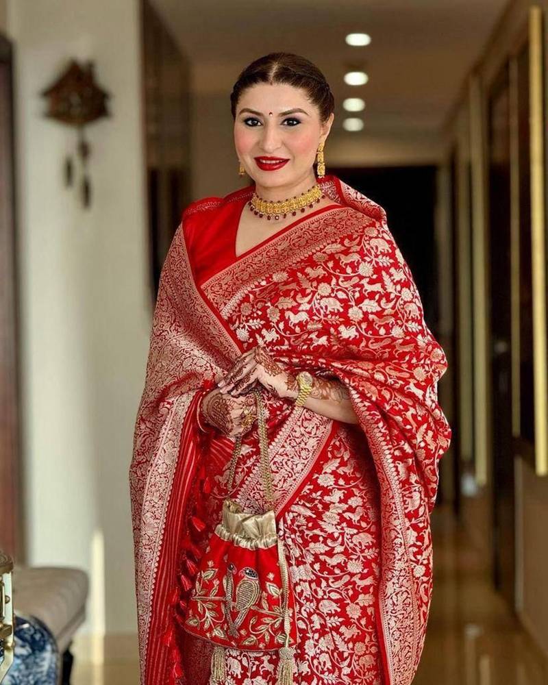 Red soft silk blend banarasi jacuard work designer saree with blouse