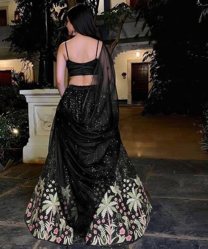 Black Embroidered Silk Lehenga Set