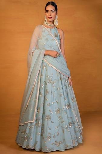 Blue Embroidered Silk Lehenga Set