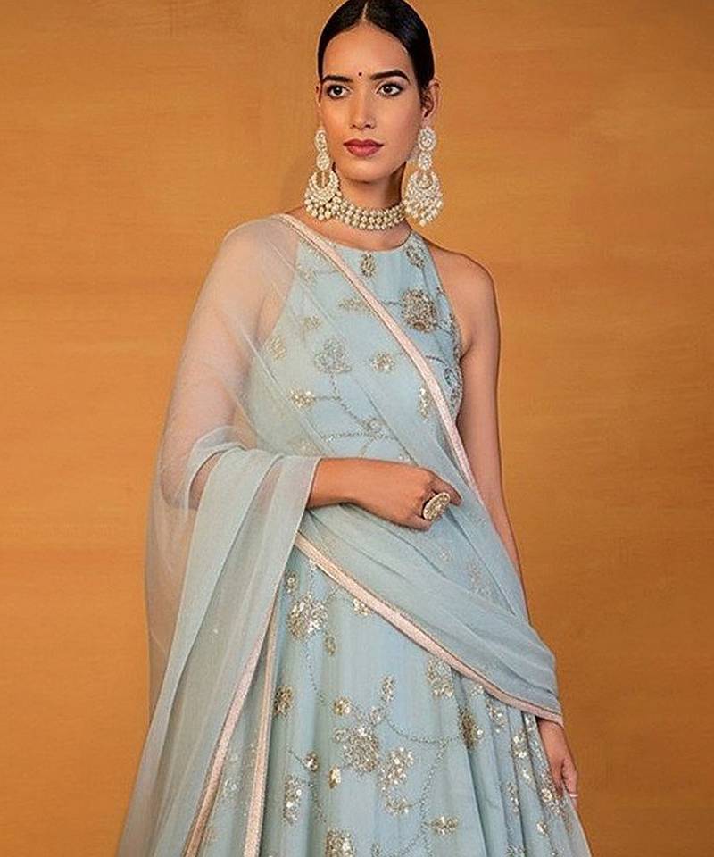 Blue Embroidered Silk Lehenga Set