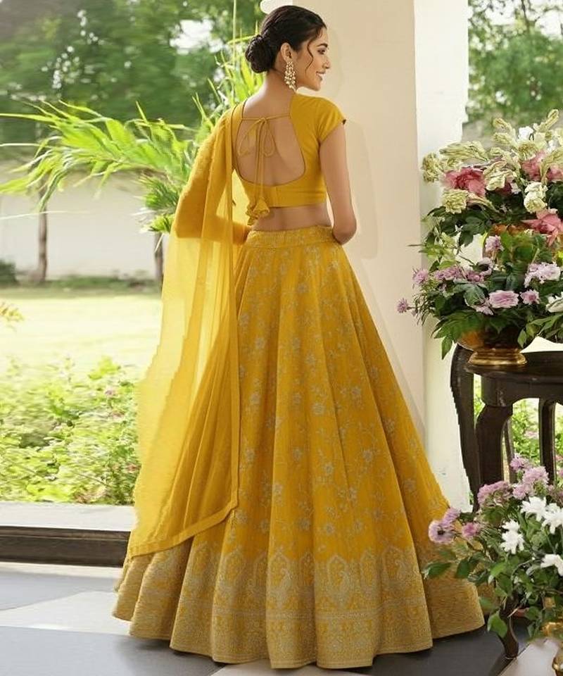 Yellow Embroidered Tissue Lehenga Set