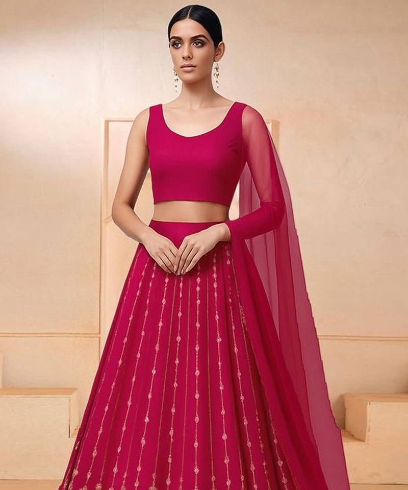 Crimson Red Embroidered Tissue Lehenga Set