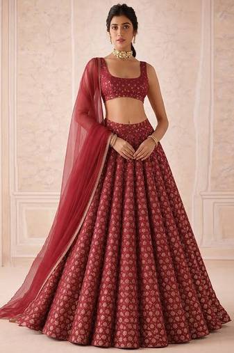 Maroon Printed Brocade Lehenga Set