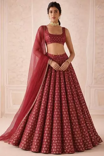 Maroon Printed Brocade Lehenga Set