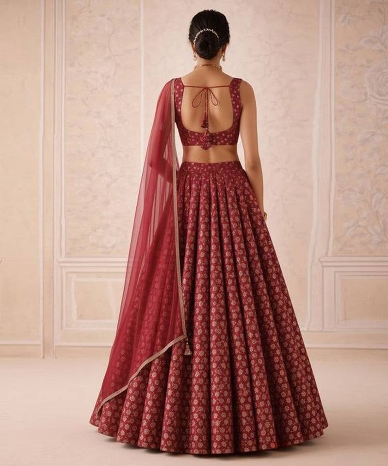 Maroon Printed Brocade Lehenga Set