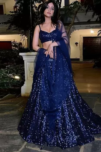 Blue Embroidered Net Lehenga Set