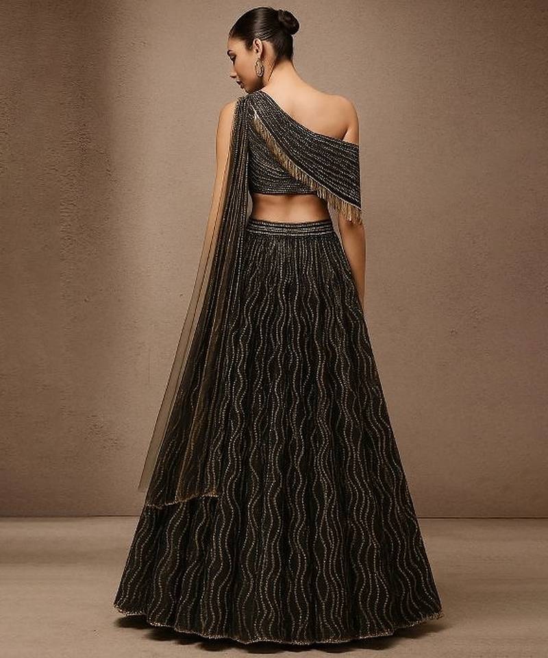 Black Embroidered Net Lehenga Set