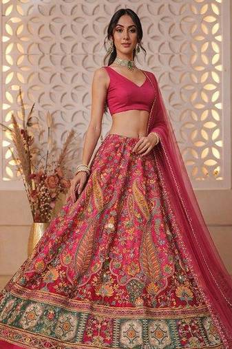 Pink Printed Crepe Lehenga Set