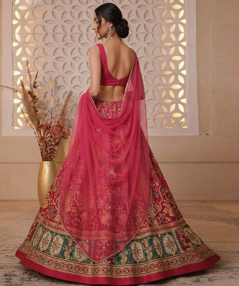 Pink Printed Crepe Lehenga Set
