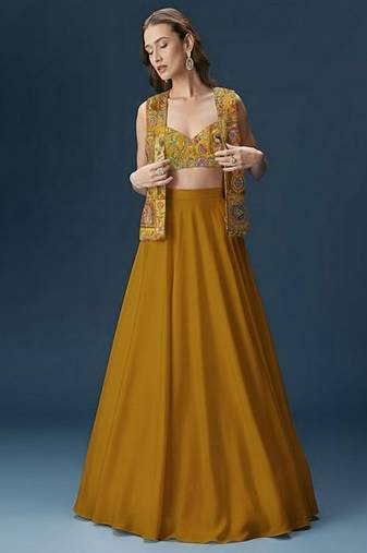Mustard Yellow Crepe Lehenga Jacket Set