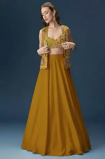 Mustard Yellow Crepe Lehenga Jacket Set