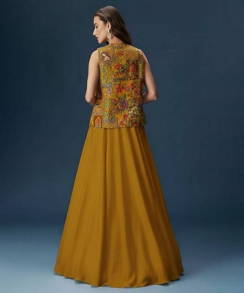 Mustard Yellow Crepe Lehenga Jacket Set