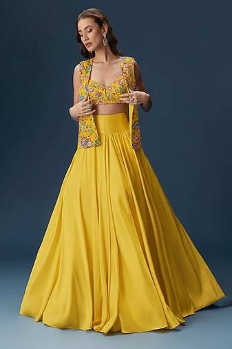 Yellow Crepe Lehenga Jacket Set