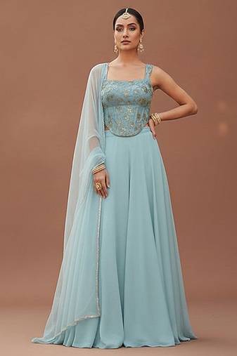 Blue Silk Fusion Lehenga Set