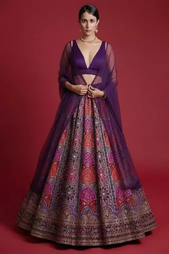 Purple Printed Crepe Lehenga Set