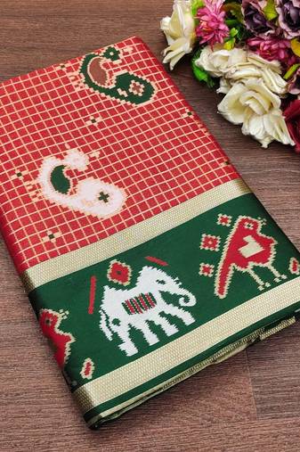 Red soft silk blend banarasi jacuard work designer saree with blouse