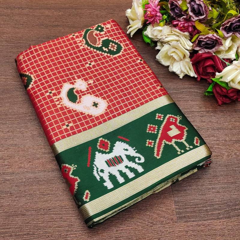 Red soft silk blend banarasi jacuard work designer saree with blouse