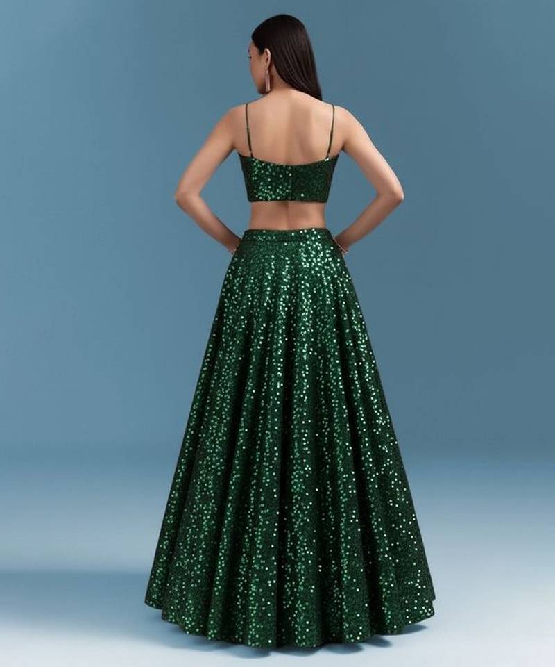 Emerald Green Embroidered Georgette Lehenga Set
