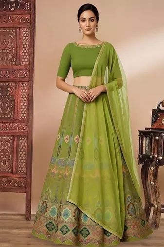 Green Printed Crepe Lehenga Set