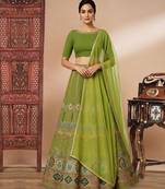 Green Printed Crepe Lehenga Set