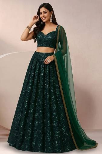Emerald Green Embroidered Net Lehenga Set