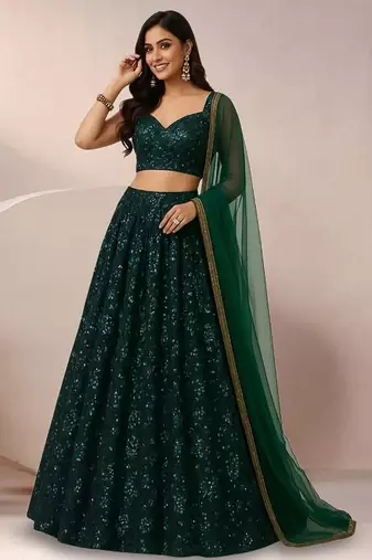 Emerald Green Embroidered Net Lehenga Set