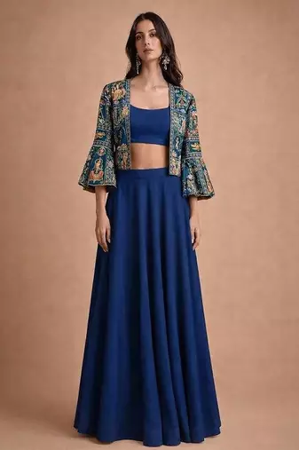 Navy Blue Chiffon Lehenga Jacket Set