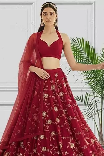 Red Embroidered Silk Lehenga Set