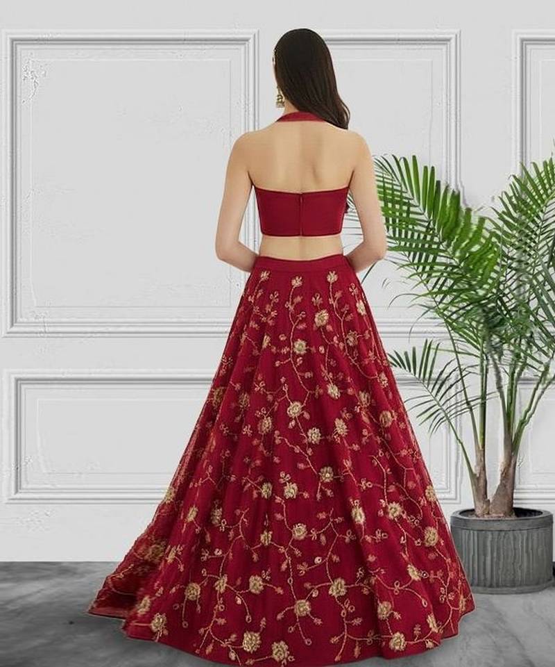 Red Embroidered Silk Lehenga Set