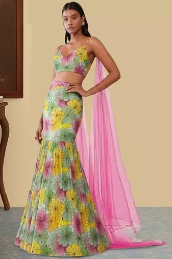 Multicolor Printed Crepe Lehenga Set