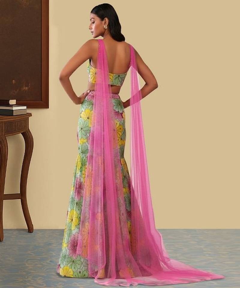 Multicolor Printed Crepe Lehenga Set