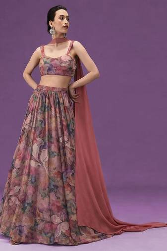 Dusty Pink Printed Crepe Lehenga Set