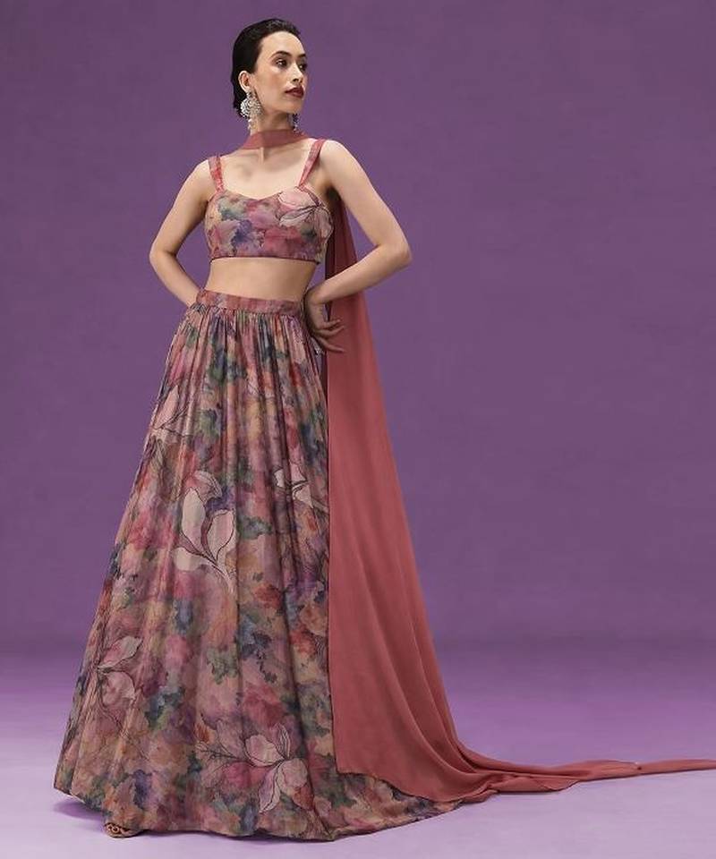 Dusty Pink Printed Crepe Lehenga Set
