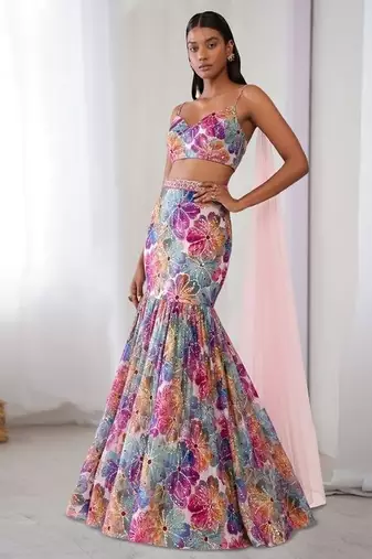 Multicolor Printed Crepe Lehenga Set