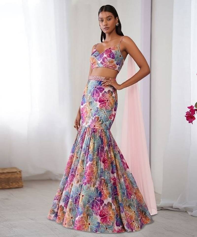 Multicolor Printed Crepe Lehenga Set