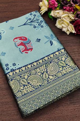 Turquoise soft silk blend banarasi jacuard work designer saree with blouse