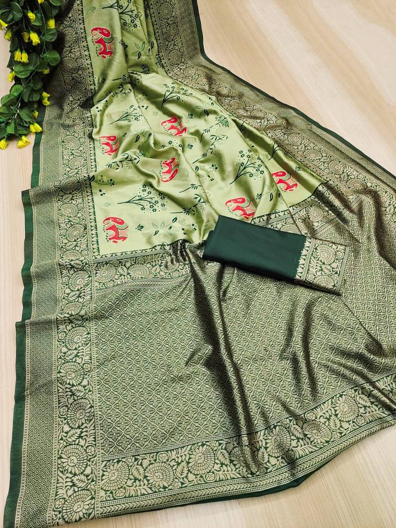 Light green soft silk blend banarasi jacuard work designer saree with blouse