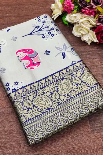 Sky blue soft silk blend banarasi jacuard work designer saree with blouse