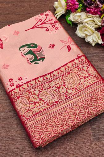 Peach soft silk blend banarasi jacuard work designer saree with blouse