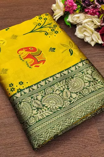 Yellow soft silk blend banarasi jacuard work designer saree with blouse