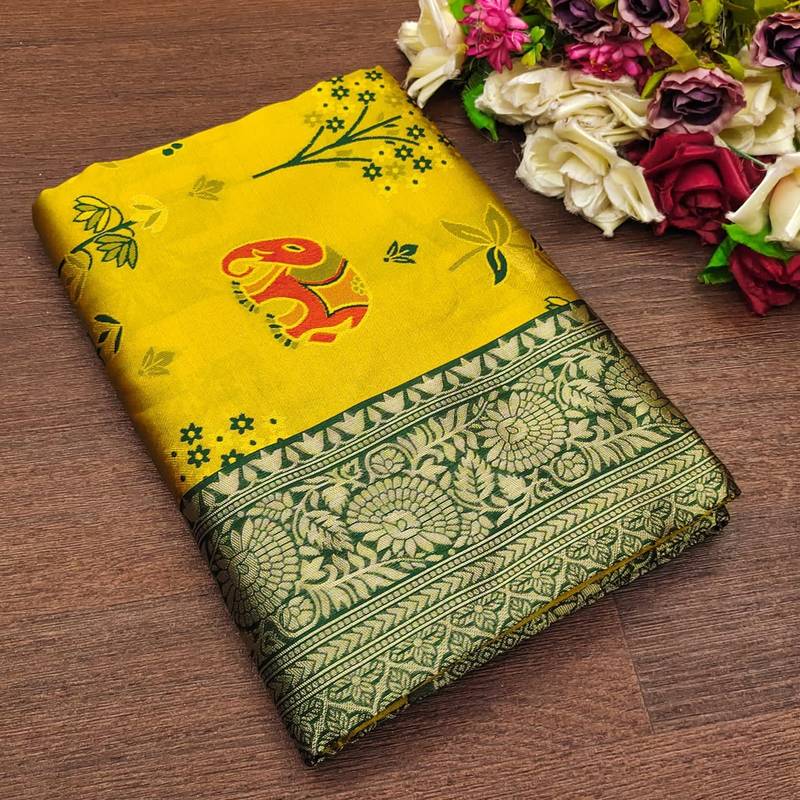 Yellow soft silk blend banarasi jacuard work designer saree with blouse
