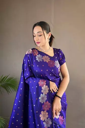 Blue soft silk blend banarasi jacuard work designer saree with blouse