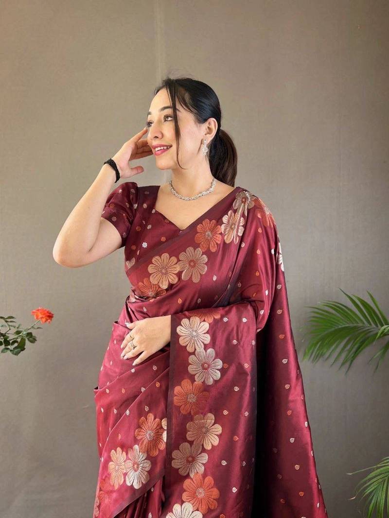Wine soft silk blend banarasi jacuard work designer saree with blouse