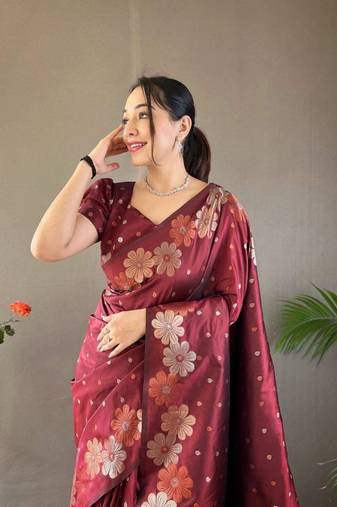 Maroon soft silk blend banarasi jacuard work designer saree with blouse