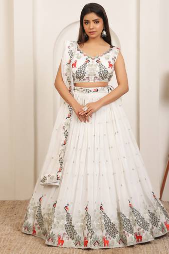 WHITE EMBROIDERY WORK GEORGETTE FABRIC PARTY WEAR LEHENGA CHOLI WITH DUPATTA.