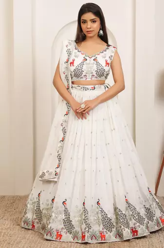 WHITE EMBROIDERY WORK GEORGETTE FABRIC PARTY WEAR LEHENGA CHOLI WITH DUPATTA.