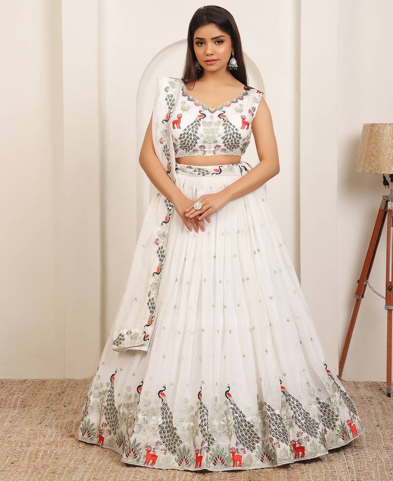 WHITE EMBROIDERY WORK GEORGETTE FABRIC PARTY WEAR LEHENGA CHOLI WITH DUPATTA.