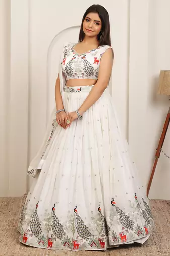 WHITE EMBROIDERY WORK GEORGETTE FABRIC PARTY WEAR LEHENGA CHOLI WITH DUPATTA.