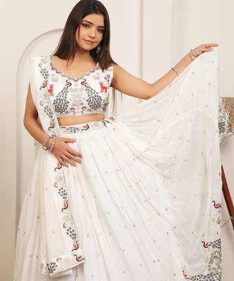 WHITE EMBROIDERY WORK GEORGETTE FABRIC PARTY WEAR LEHENGA CHOLI WITH DUPATTA. 3